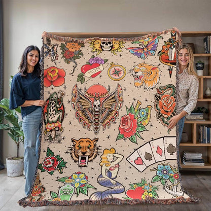 Vintage Tattoo Flash Woven Blanket Offbeat Opulence