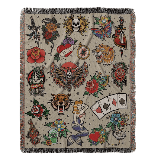 Vintage Tattoo Flash Woven Blanket Offbeat Opulence
