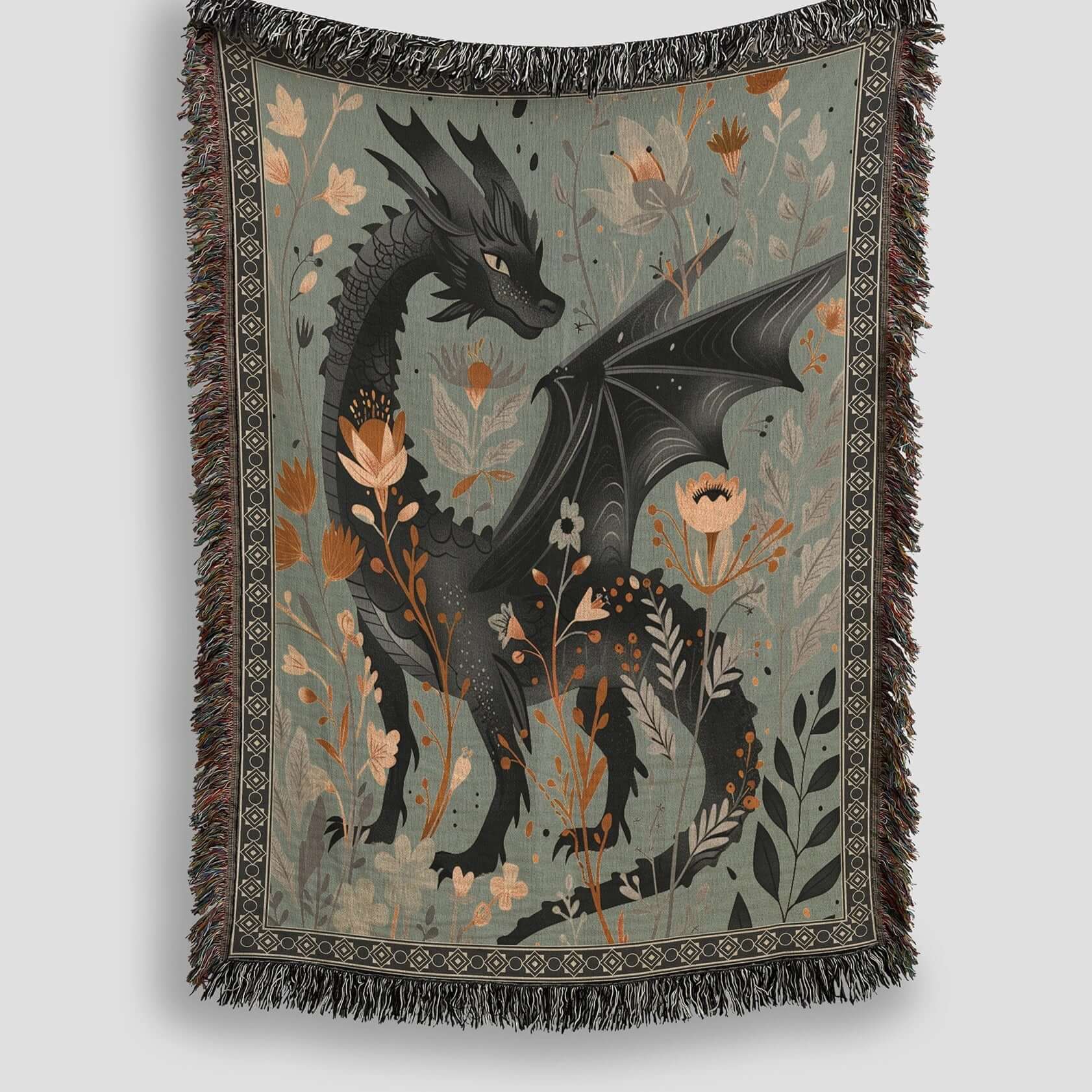 Whimsical Floral Black Dragon Woven Blanket Offbeat Opulence