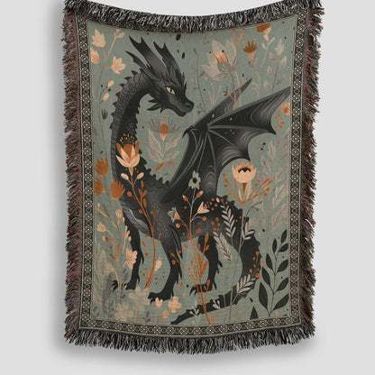 Whimsical Floral Black Dragon Woven Blanket Offbeat Opulence