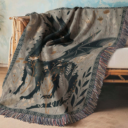 Whimsical Floral Black Dragon Woven Blanket Offbeat Opulence