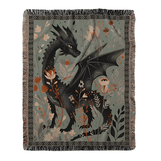 Whimsical Floral Black Dragon Woven Blanket Offbeat Opulence