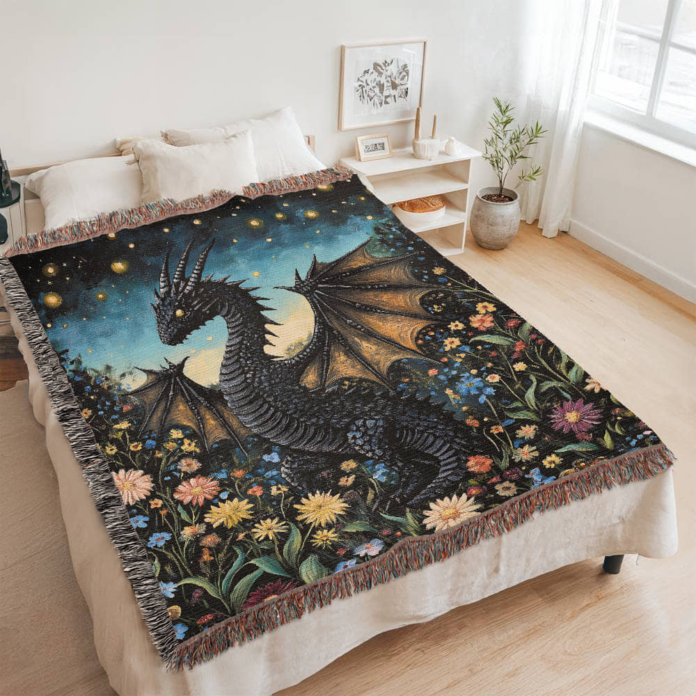 Whimsical Storybook Garden Dragon – Woven Blanket Offbeat Opulence