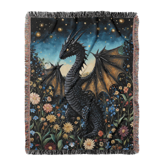 Whimsical Storybook Garden Dragon – Woven Blanket Offbeat Opulence